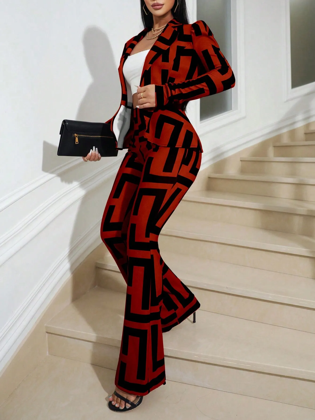 Lady Women's Geometric Print Puff Long Sleeve Blazer And Pants Set