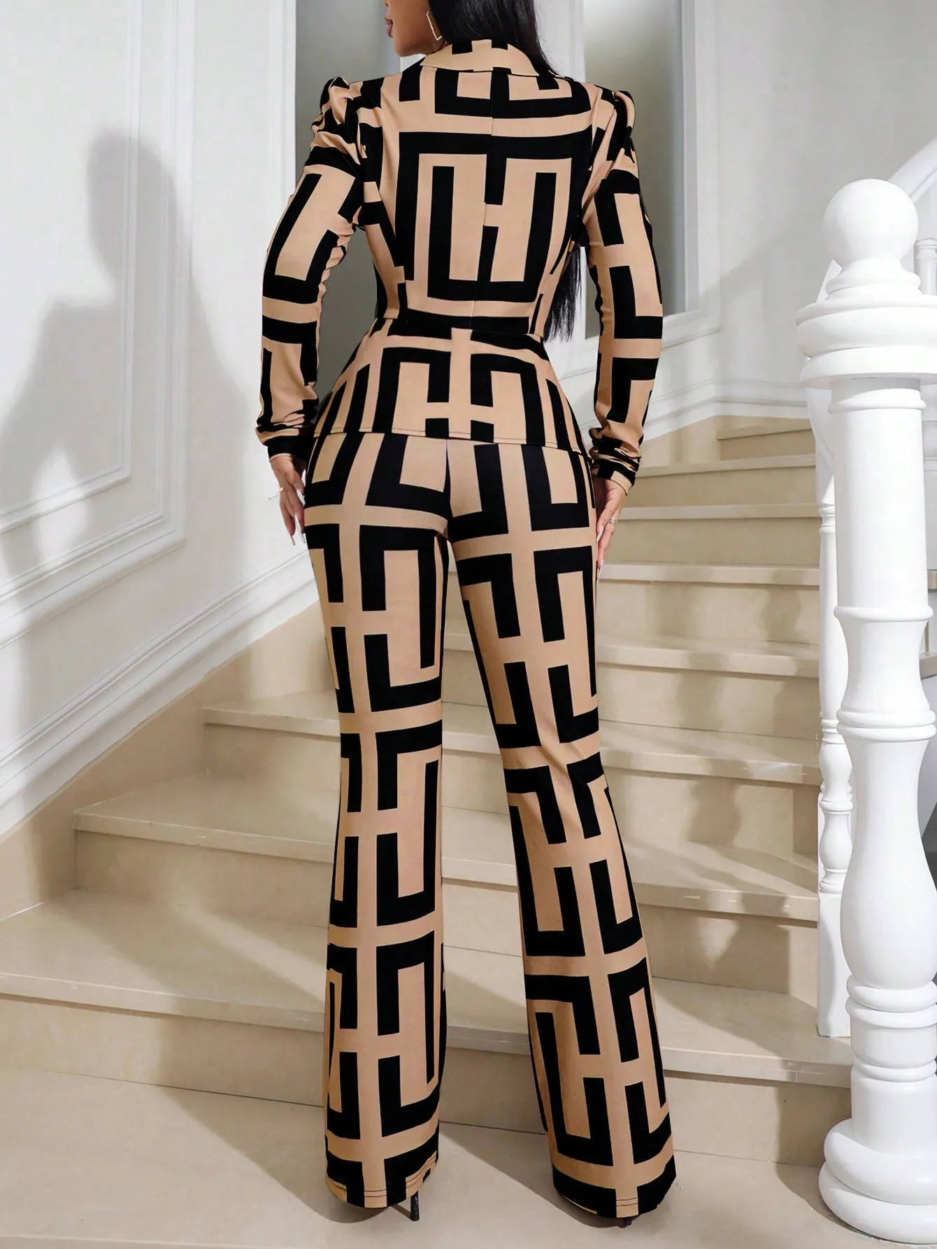 Lady Women's Geometric Print Puff Long Sleeve Blazer And Pants Set