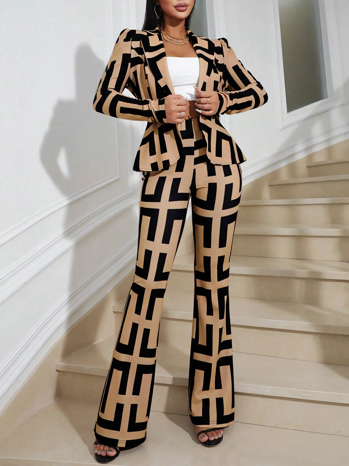 Lady Women's Geometric Print Puff Long Sleeve Blazer And Pants Set