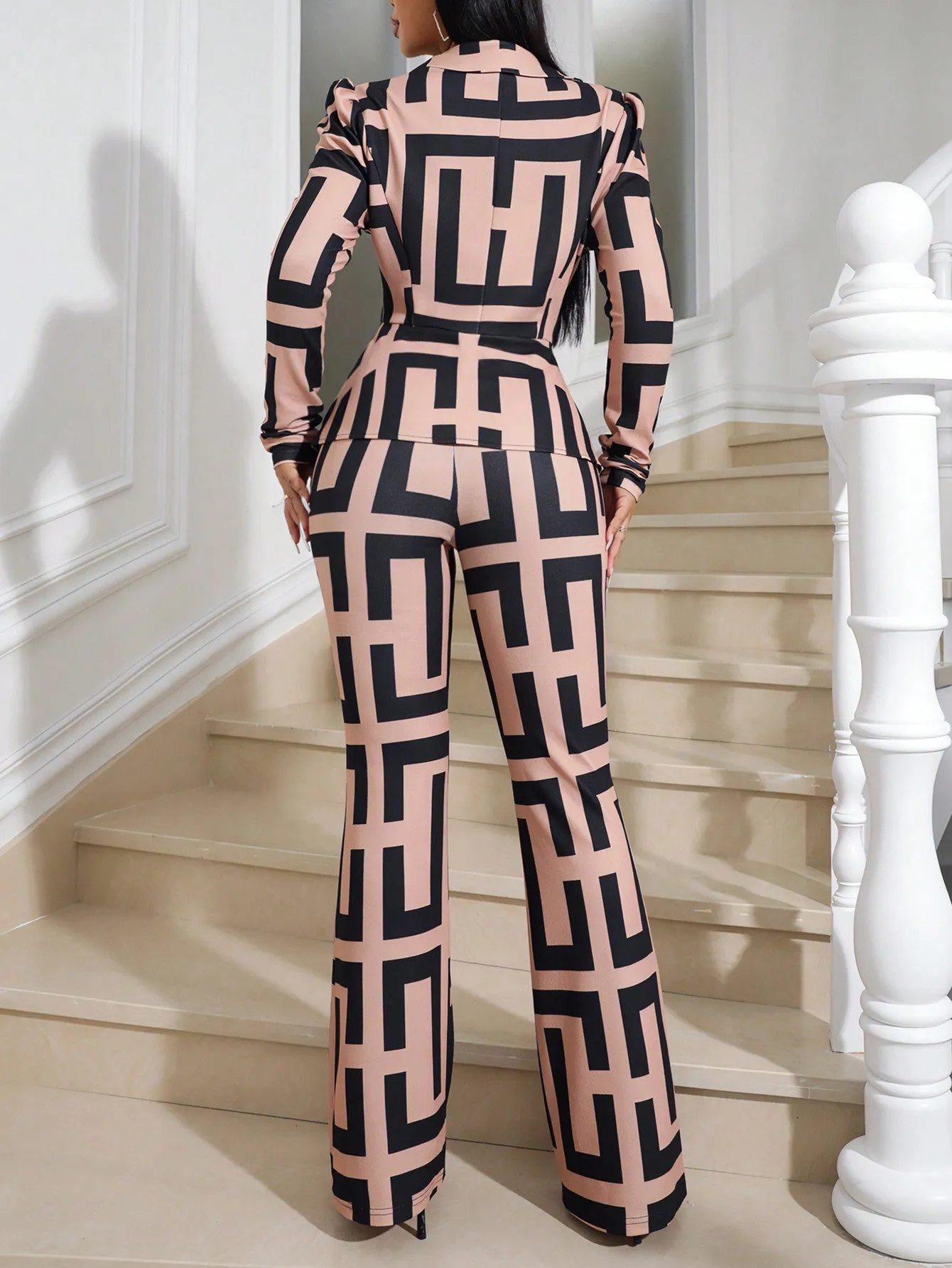 Lady Women's Geometric Print Puff Long Sleeve Blazer And Pants Set