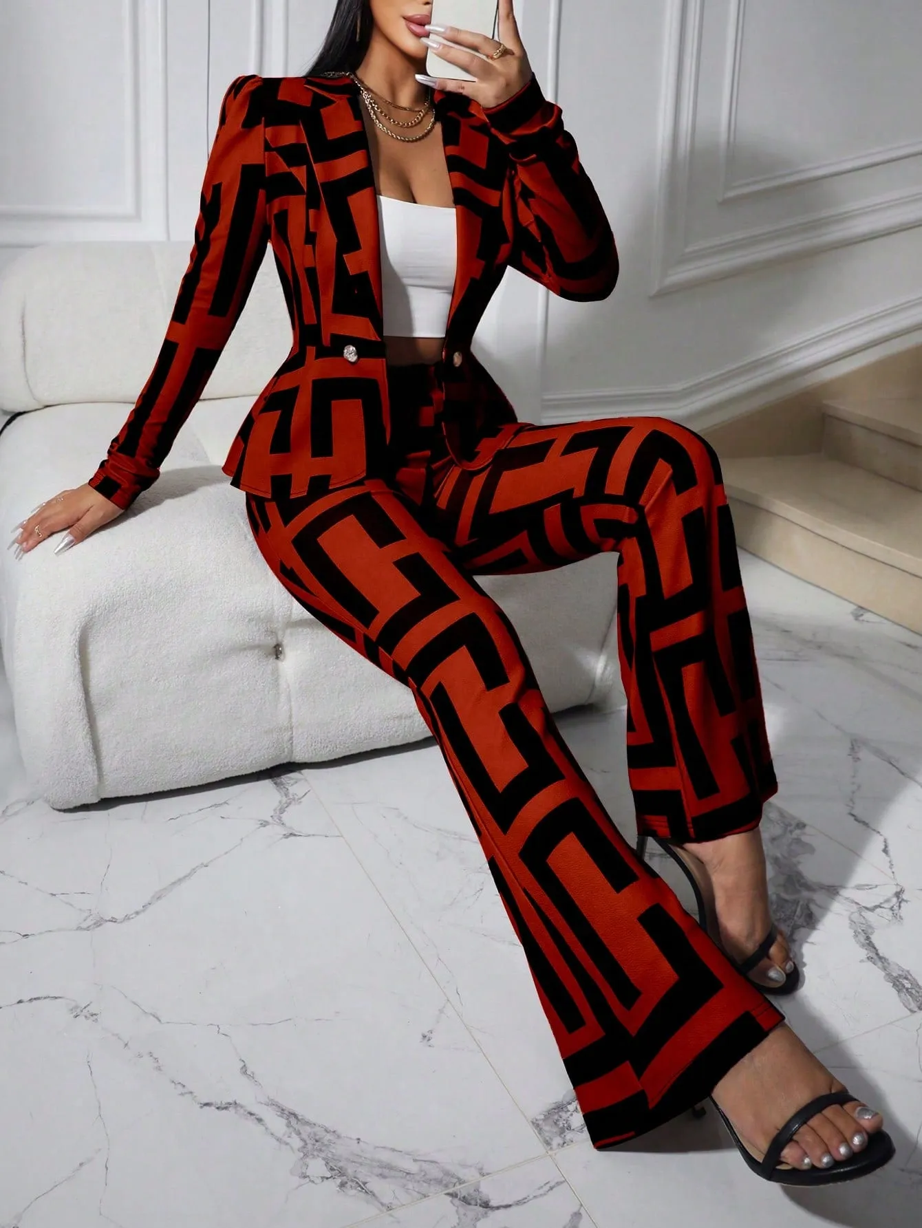 Lady Women's Geometric Print Puff Long Sleeve Blazer And Pants Set