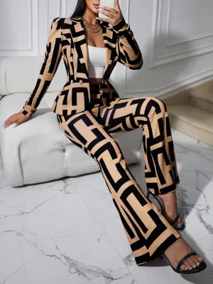 Lady Women's Geometric Print Puff Long Sleeve Blazer And Pants Set