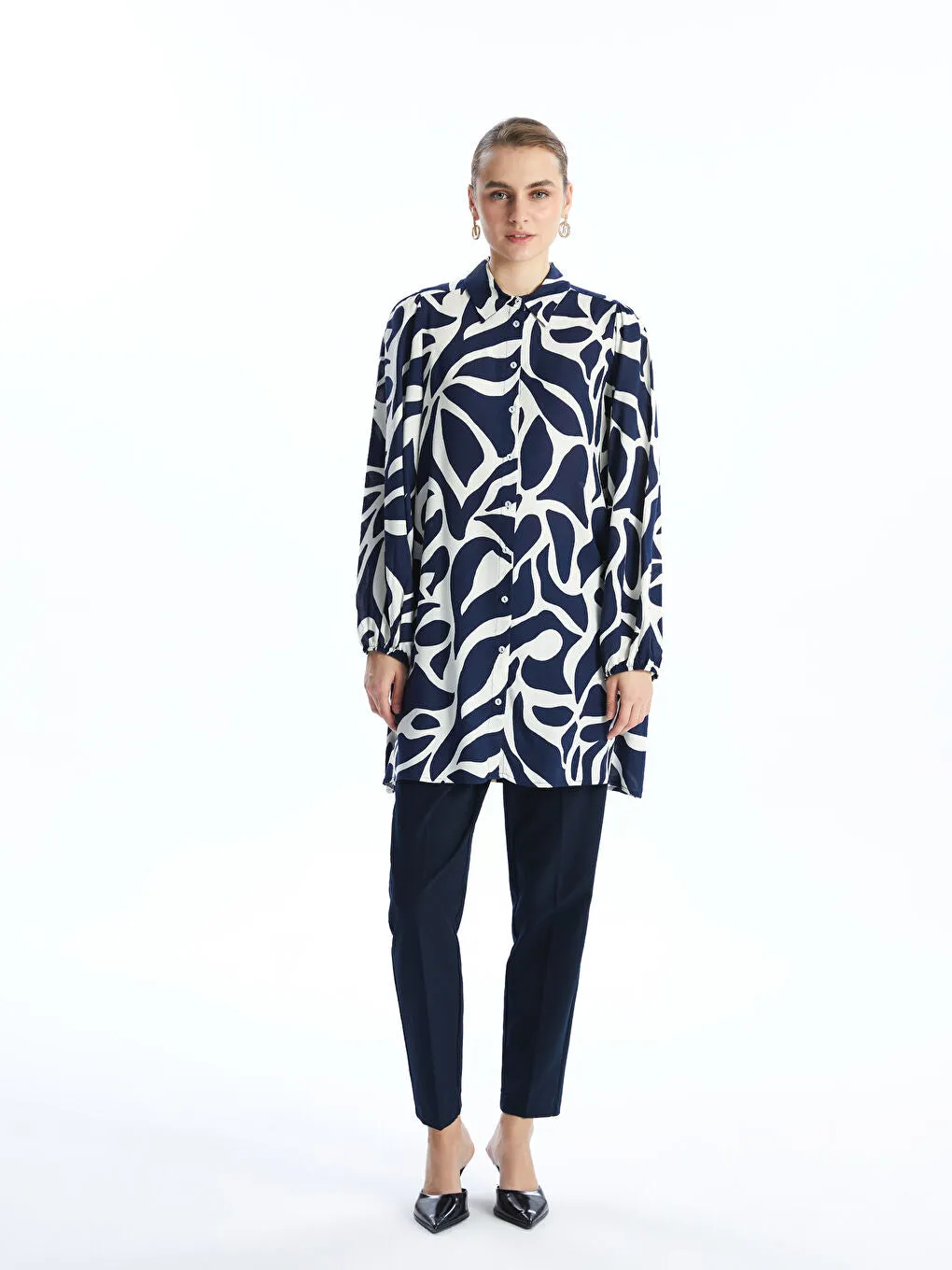 LCWAIKIKI Classic Navy Blue Patterned Women Shirt Tunic
