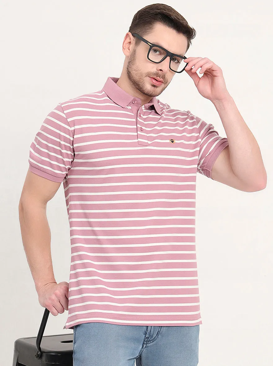 Light Pink & White Striped Slim Fit Polo T-Shirt | JadeBlue