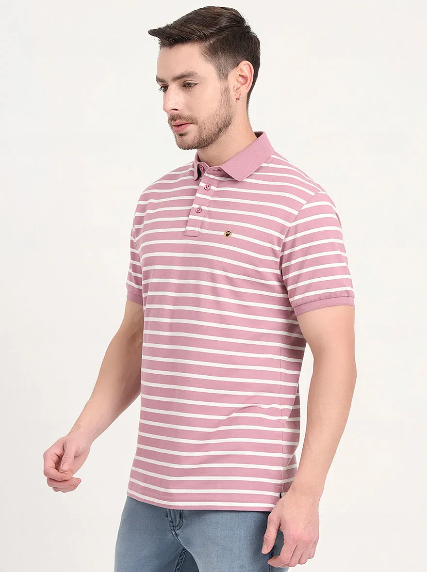 Light Pink & White Striped Slim Fit Polo T-Shirt | JadeBlue
