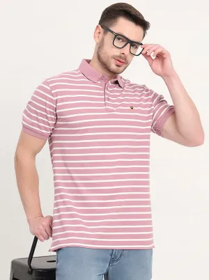 Light Pink & White Striped Slim Fit Polo T-Shirt | JadeBlue