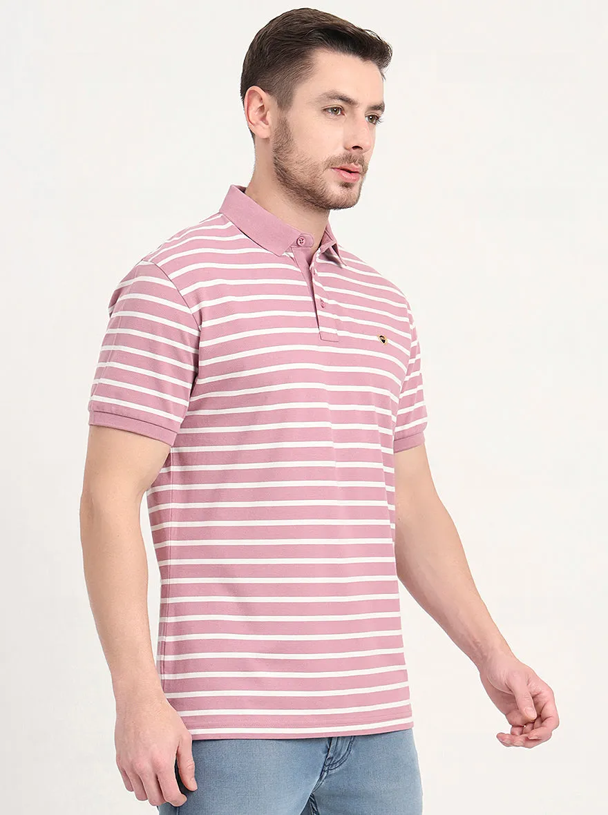 Light Pink & White Striped Slim Fit Polo T-Shirt | JadeBlue