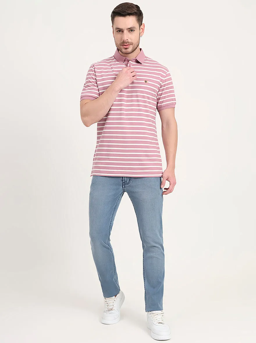 Light Pink & White Striped Slim Fit Polo T-Shirt | JadeBlue