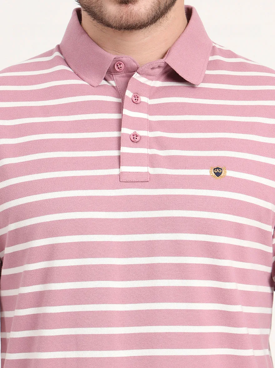 Light Pink & White Striped Slim Fit Polo T-Shirt | JadeBlue