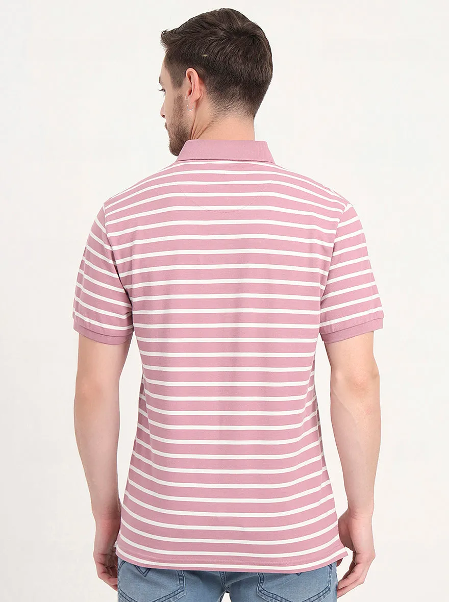 Light Pink & White Striped Slim Fit Polo T-Shirt | JadeBlue