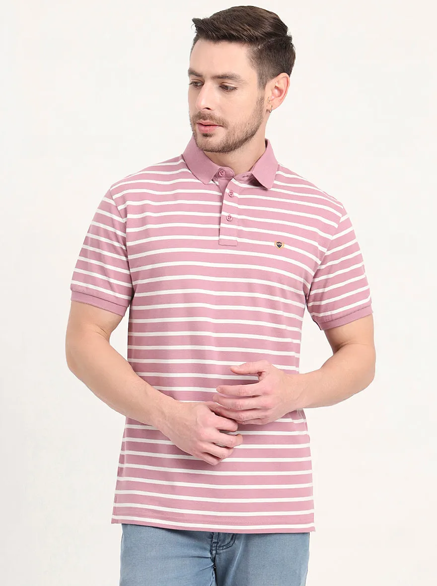 Light Pink & White Striped Slim Fit Polo T-Shirt | JadeBlue