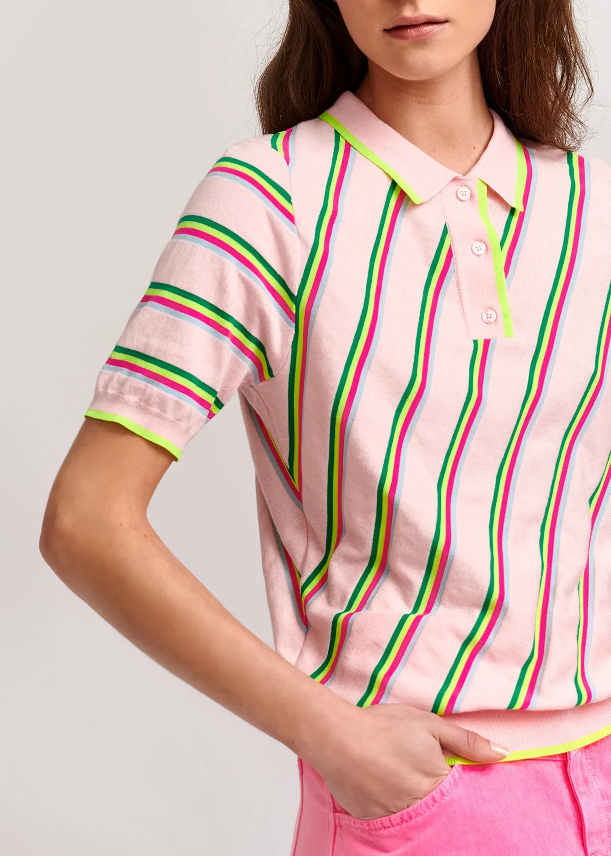 Light pink polo shirt with neon stripes