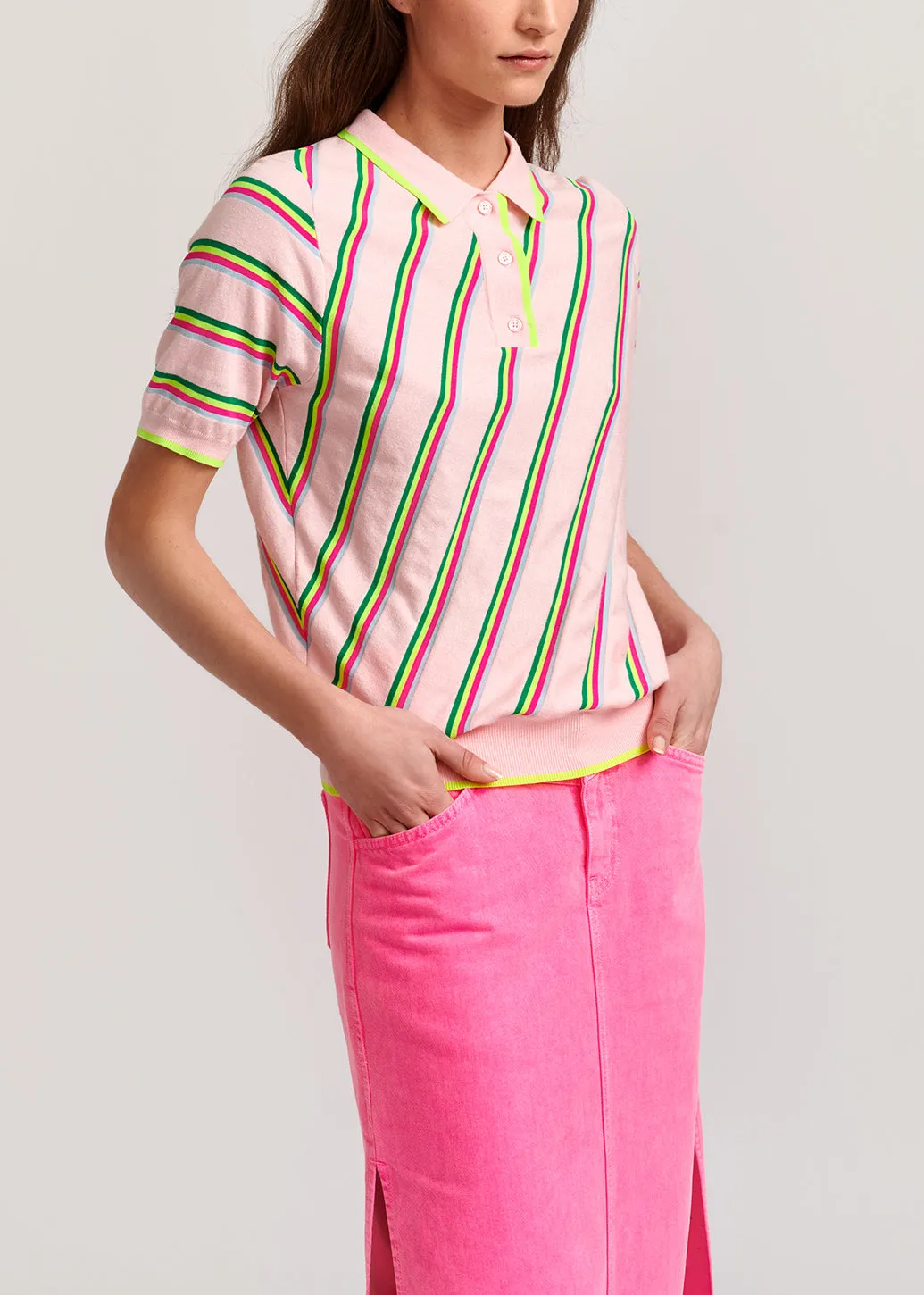 Light pink polo shirt with neon stripes