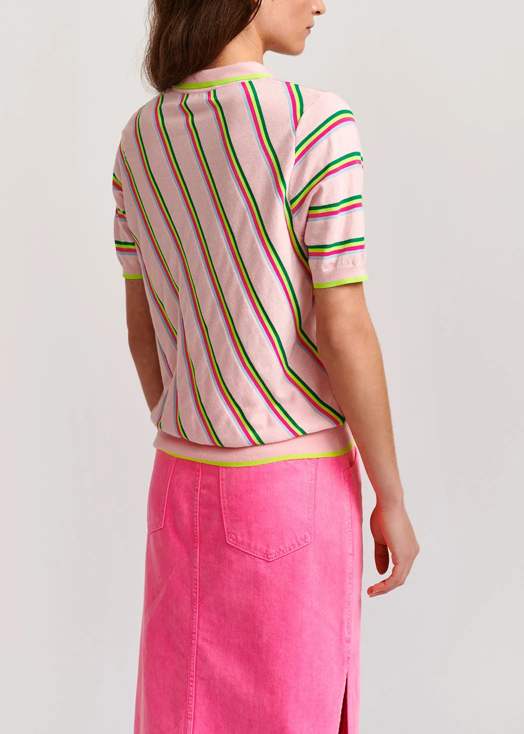 Light pink polo shirt with neon stripes