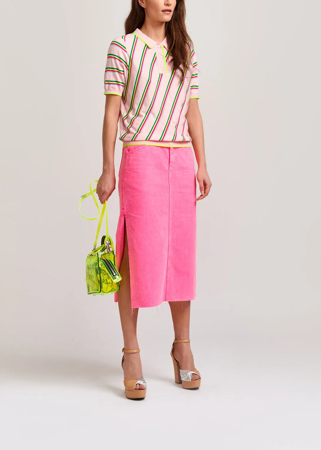 Light pink polo shirt with neon stripes