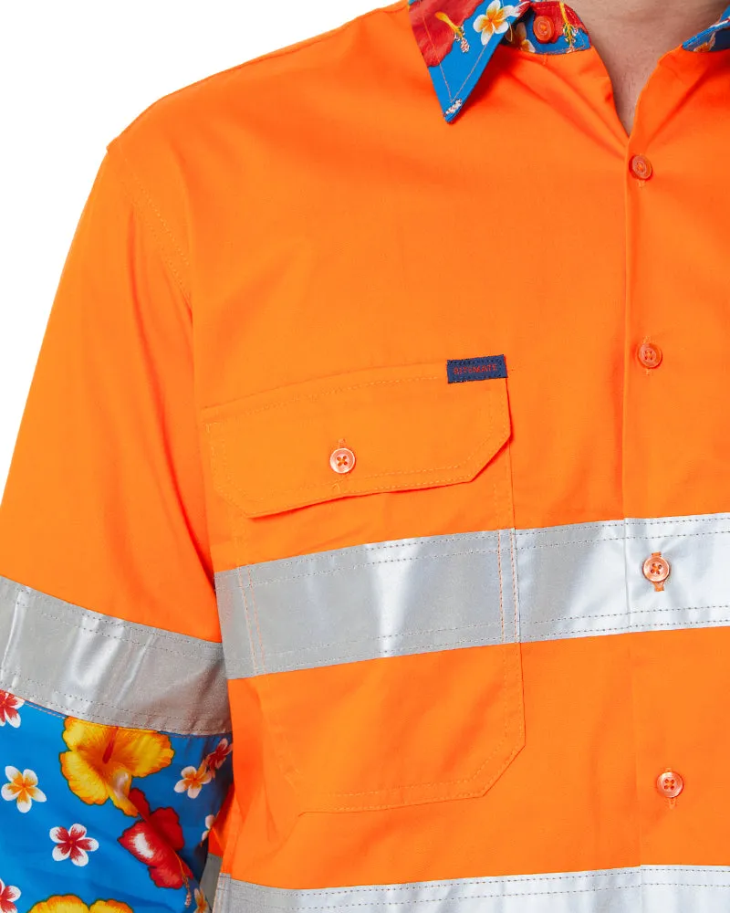 Light Weight Open Front LS Vented Two Tone Taped Shirt - Orange/Hibiscus