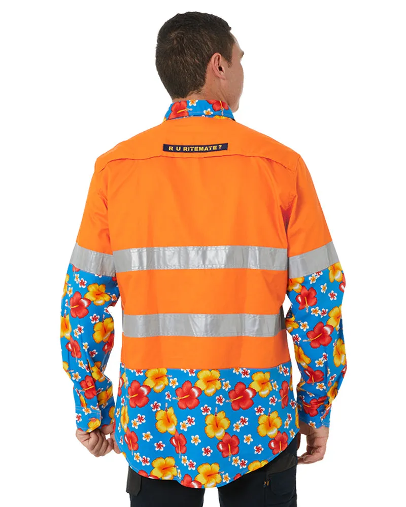 Light Weight Open Front LS Vented Two Tone Taped Shirt - Orange/Hibiscus