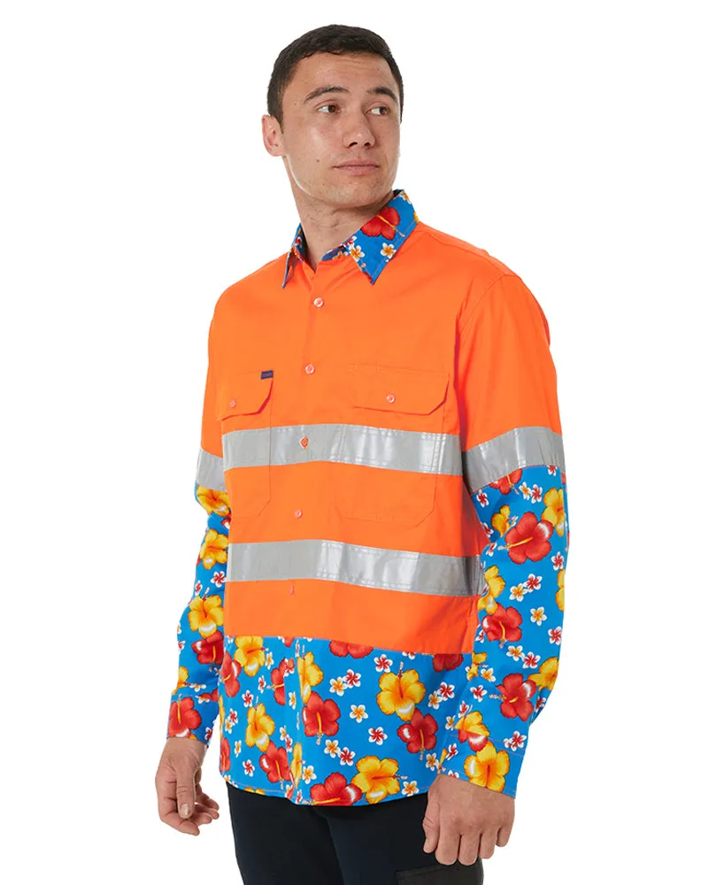 Light Weight Open Front LS Vented Two Tone Taped Shirt - Orange/Hibiscus
