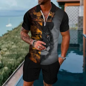 Lion Print Short Sleeve Zip Polo Board Shorts Set 2405000690