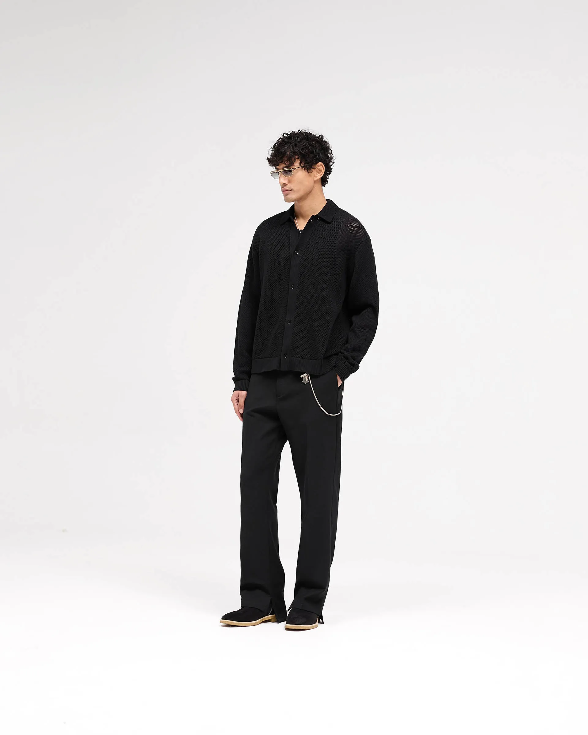 Long Sleeve Mesh Knit Shirt - Jet Black