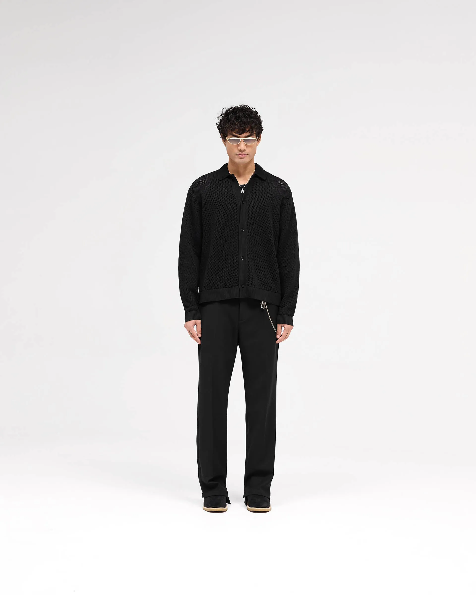 Long Sleeve Mesh Knit Shirt - Jet Black