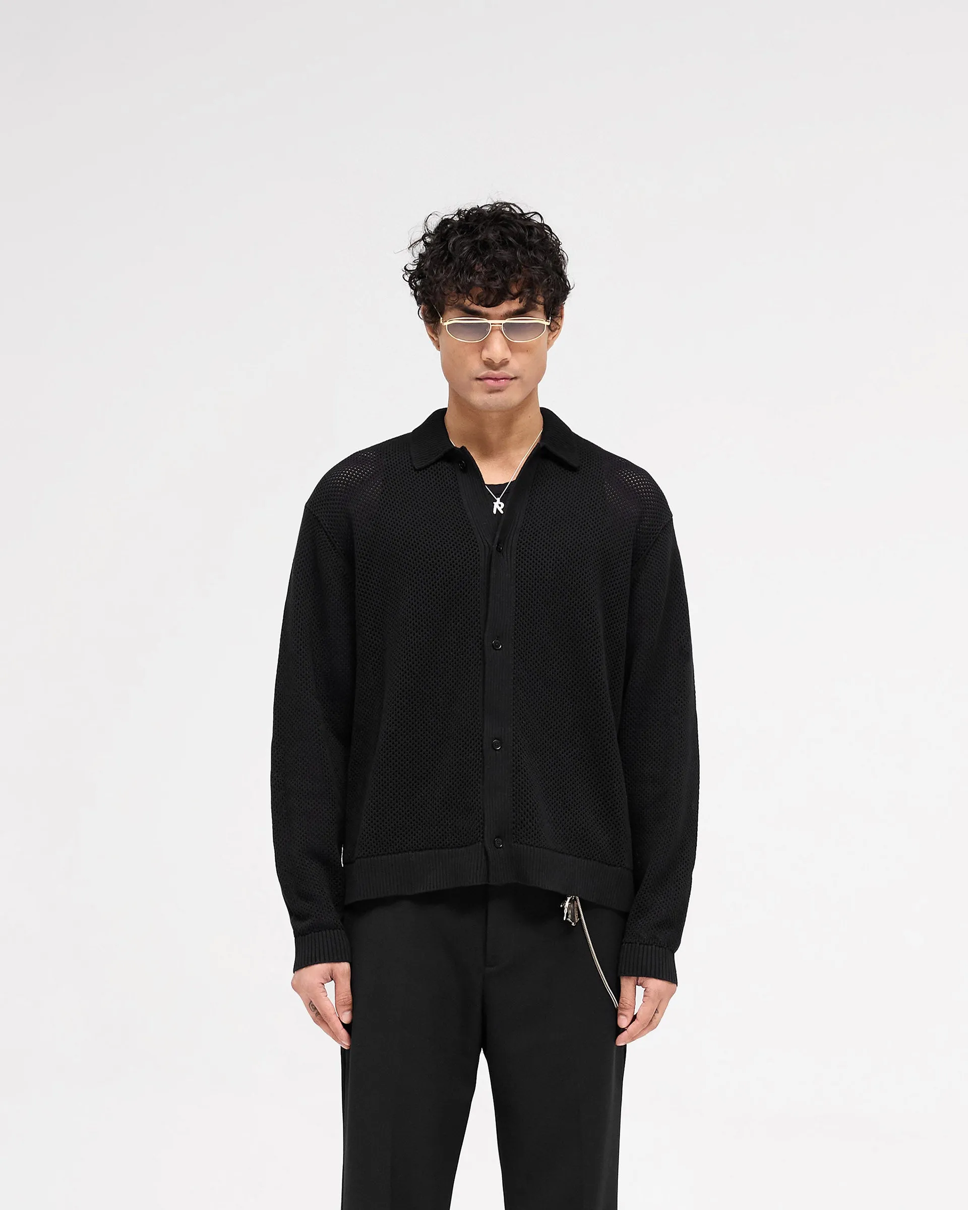 Long Sleeve Mesh Knit Shirt - Jet Black