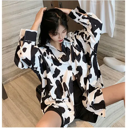 Loose Cow Pattern Printed Blouse Shirt