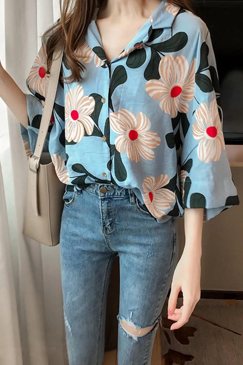 Loose Flowers Pattern Blouse Shirt