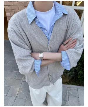 Loose Knit Patchwork Shirt Collar Sweater