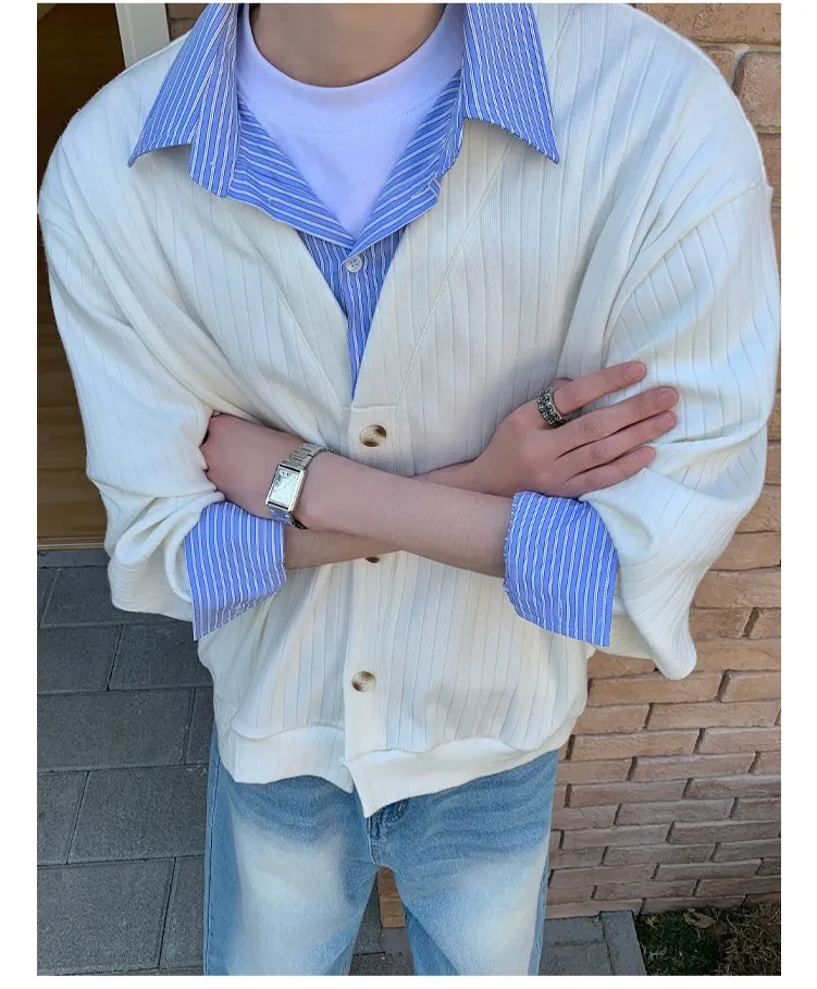 Loose Knit Patchwork Shirt Collar Sweater