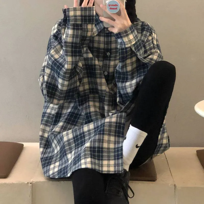 Loose Oversized Plaid Casual Blouse Shirt
