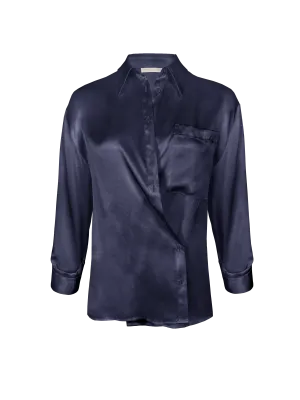 Loose Silk Button Shirt - Blue Ink