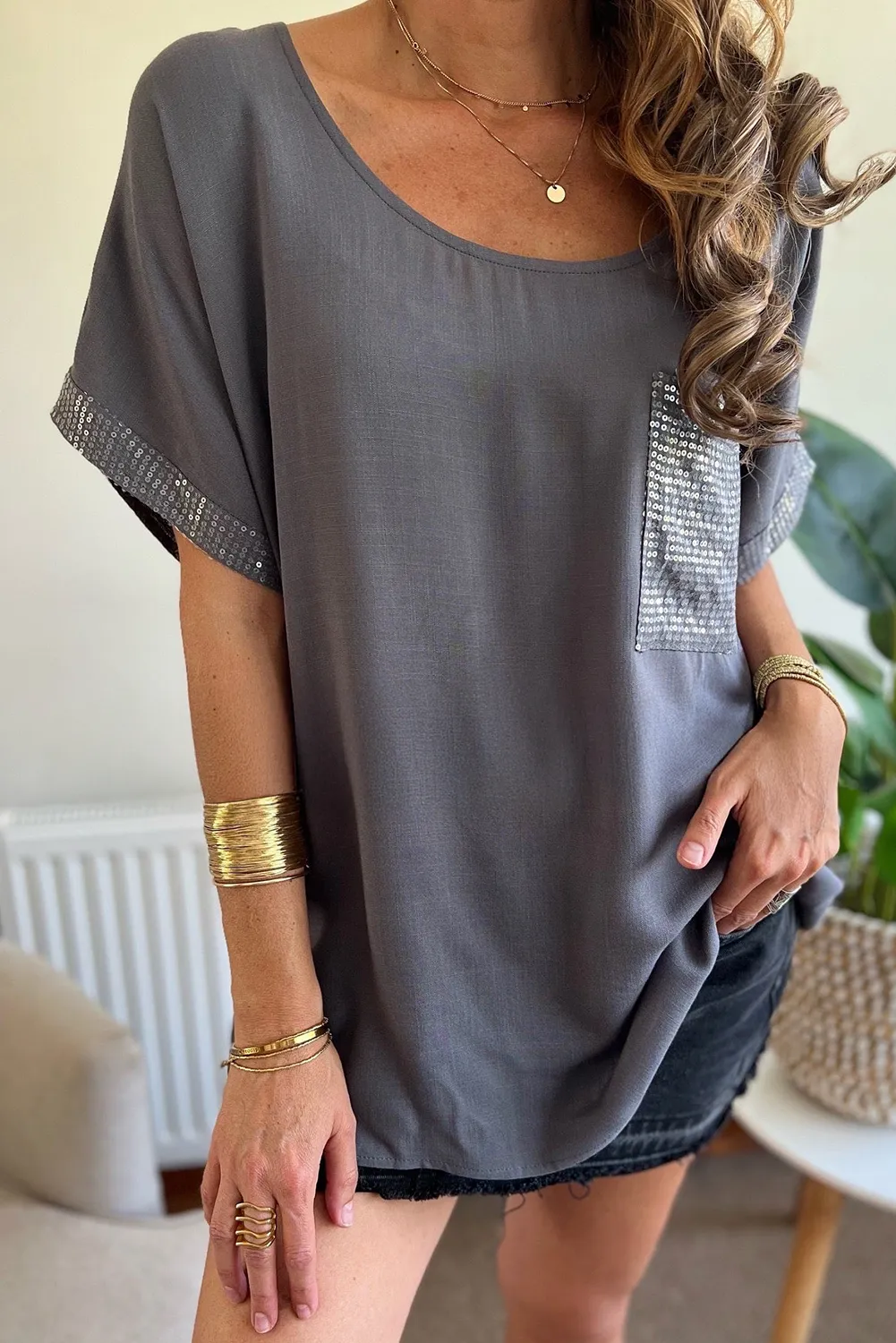 Medium Grey Sequin Chest Pocket Cuff Loose T Shirt