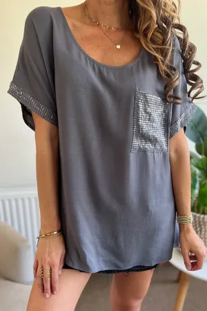 Medium Grey Sequin Chest Pocket Cuff Loose T Shirt