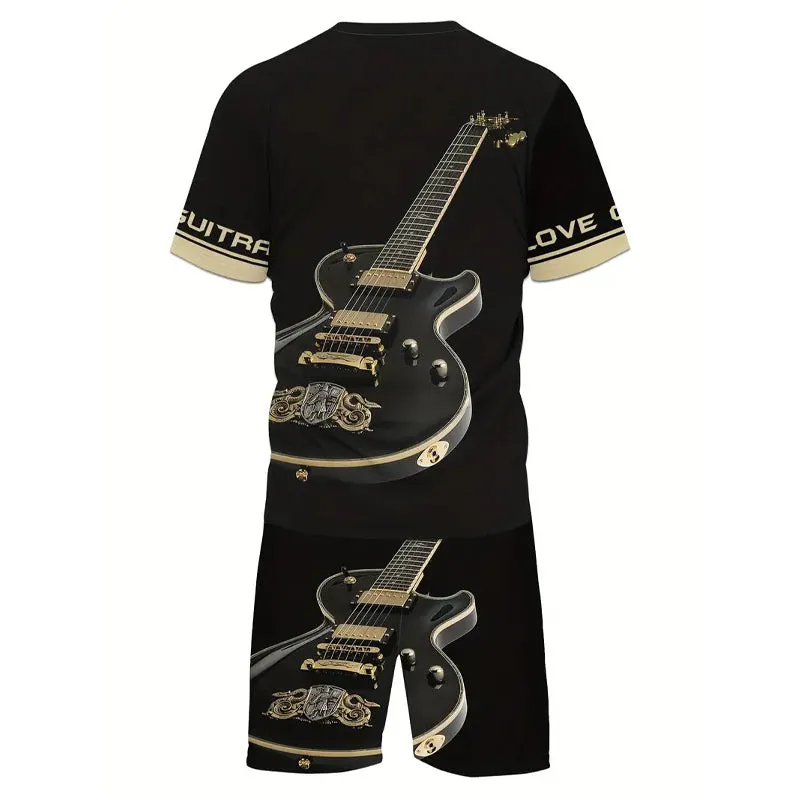 Men's 3D Guitar Pattern Print Summer Outfit 2-piece Set