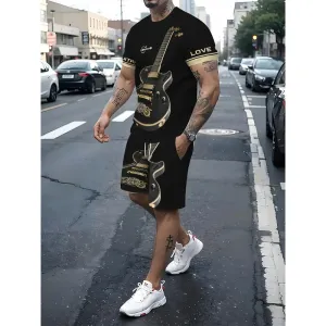 Men's 3D Guitar Pattern Print Summer Outfit 2-piece Set