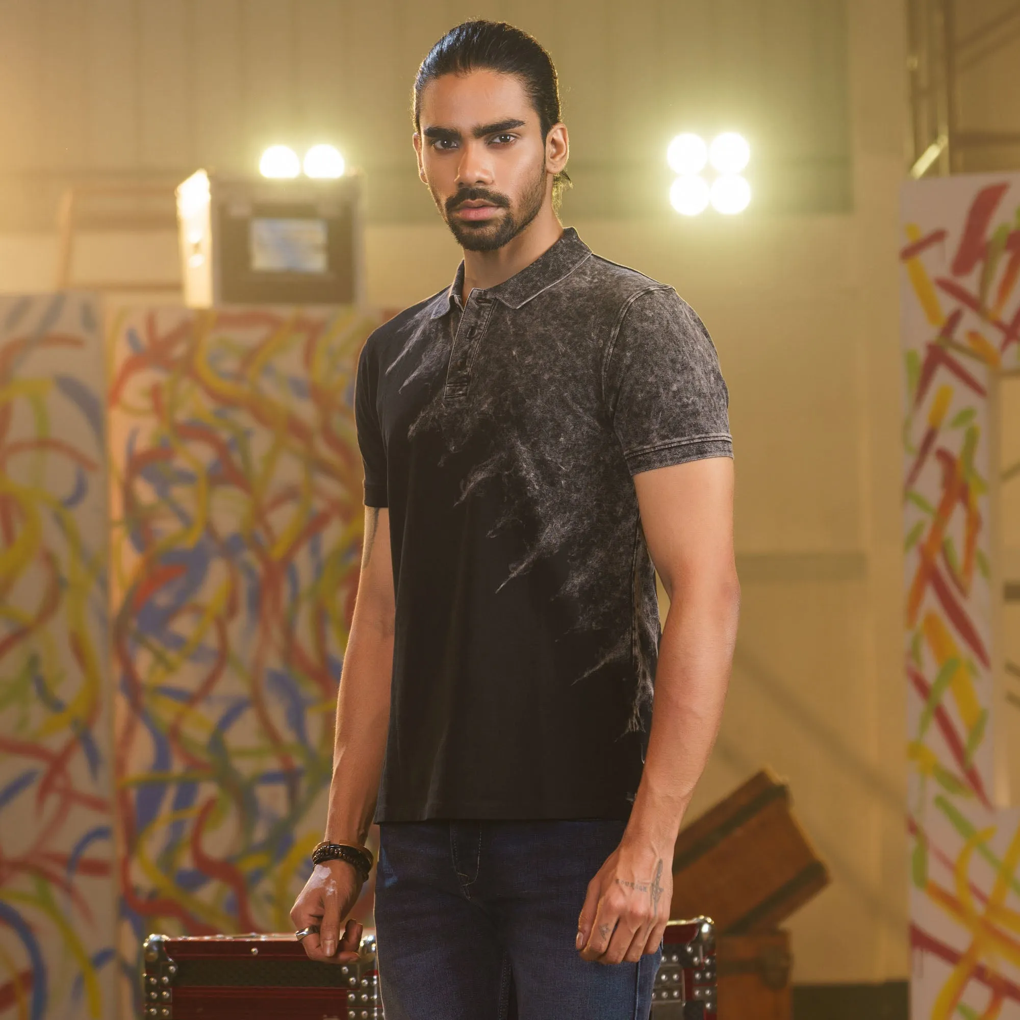 Mens Black Tie-Dye Polo
