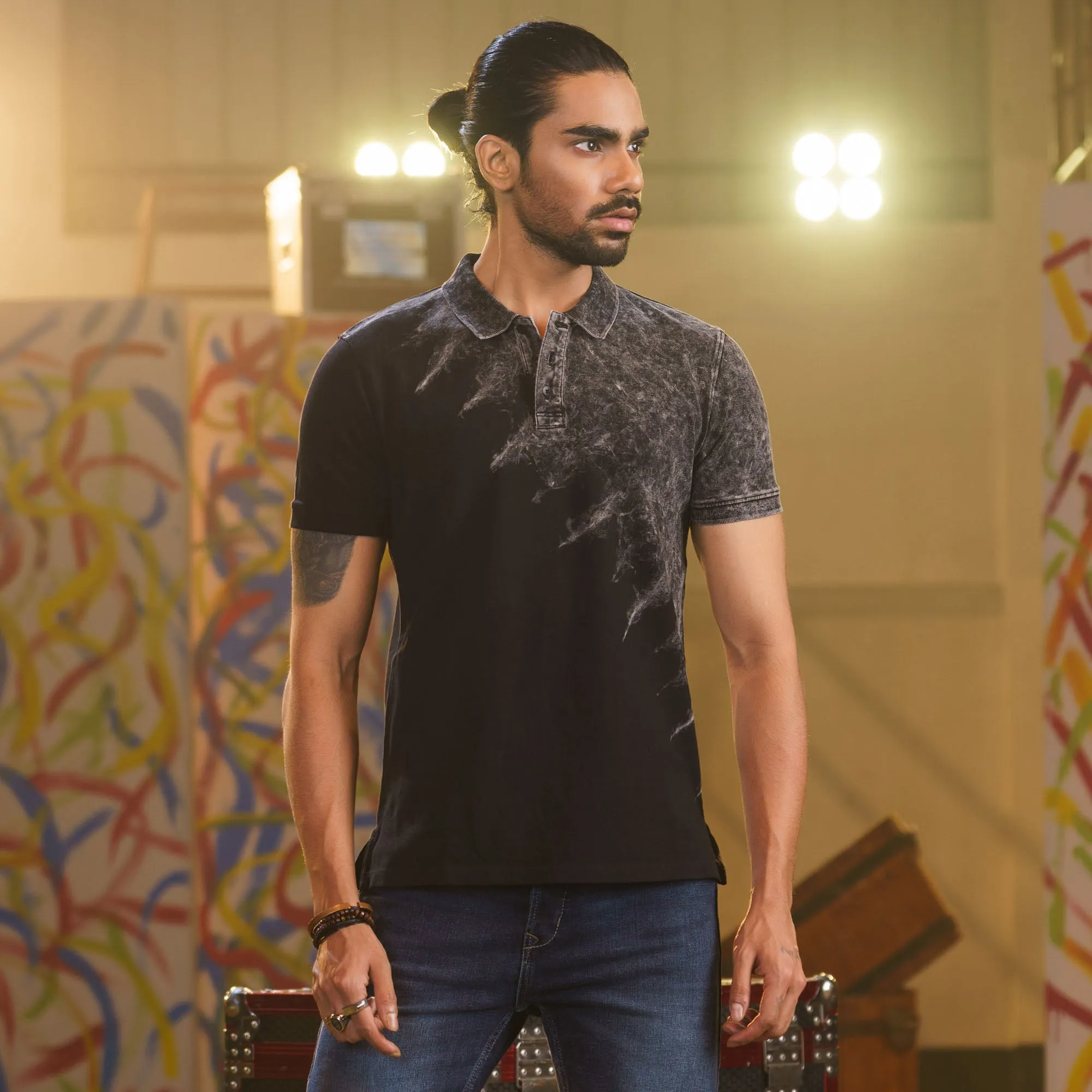 Mens Black Tie-Dye Polo