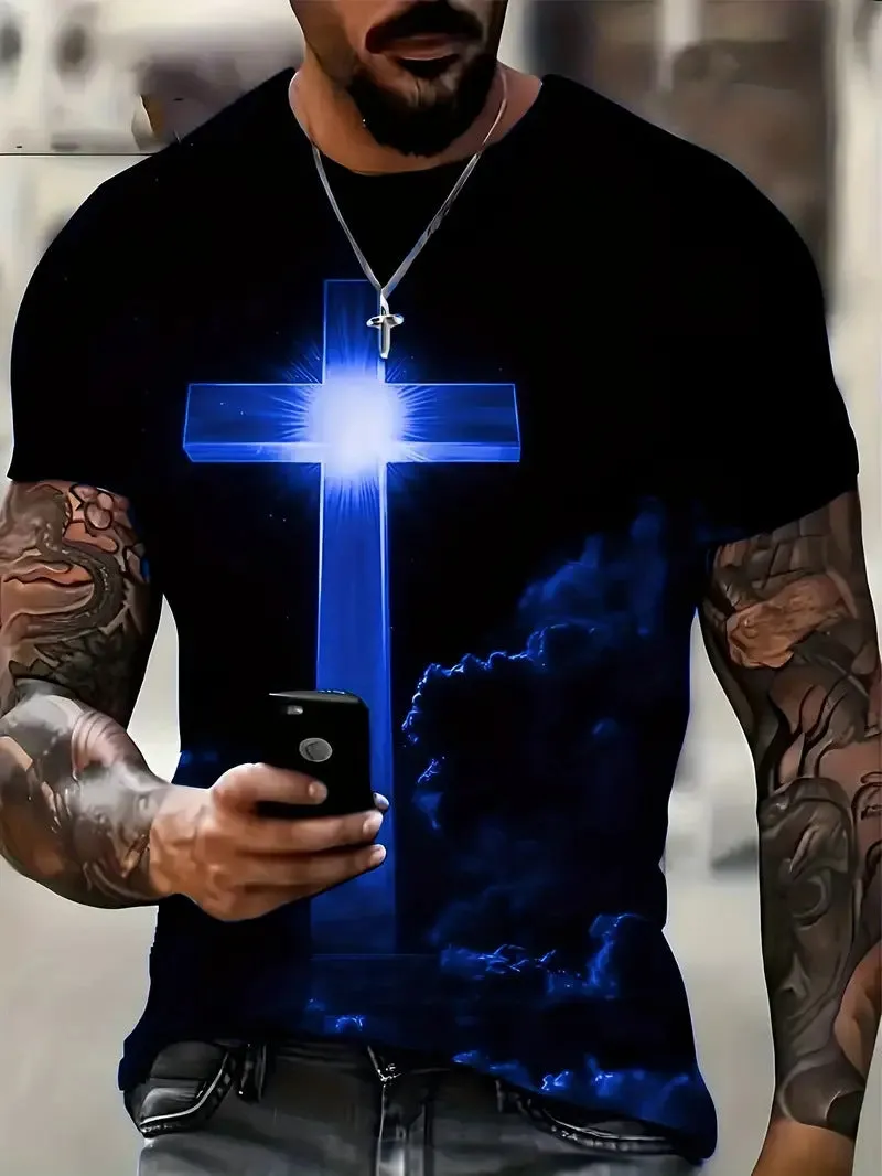 Men's Cross 3D Printed T-Shirt – Loose Fit, Casual Short Sleeve, Bold & Stylish Design
