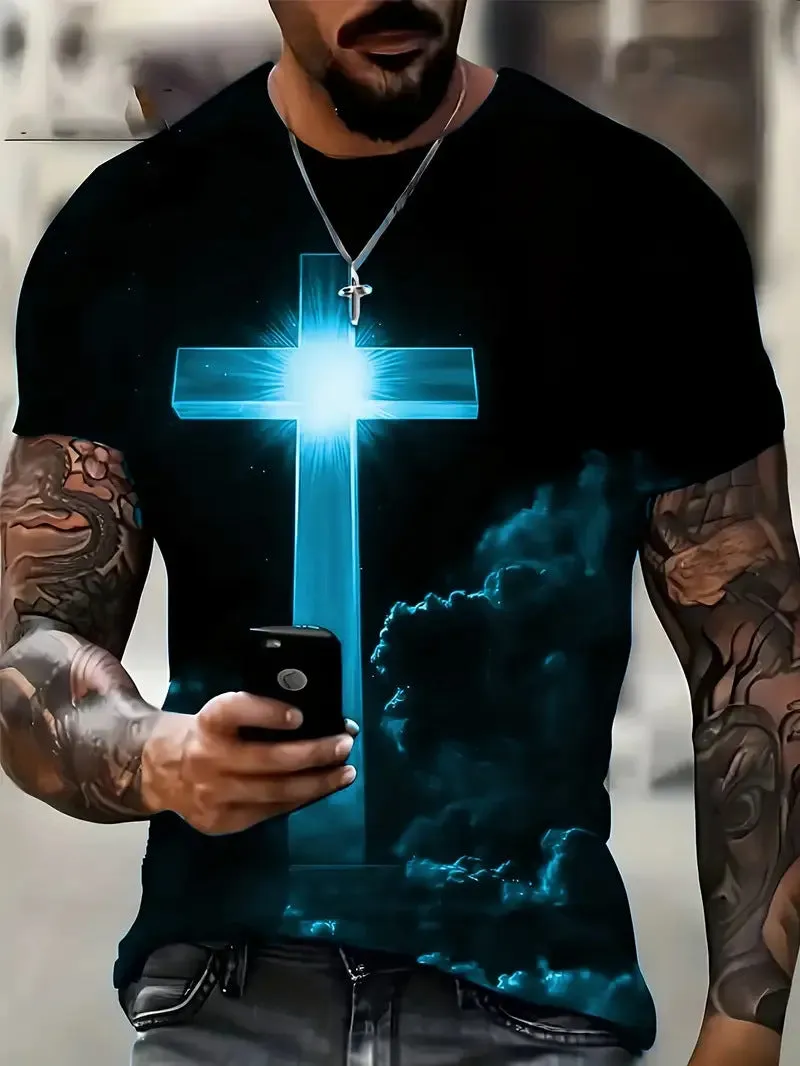 Men's Cross 3D Printed T-Shirt – Loose Fit, Casual Short Sleeve, Bold & Stylish Design