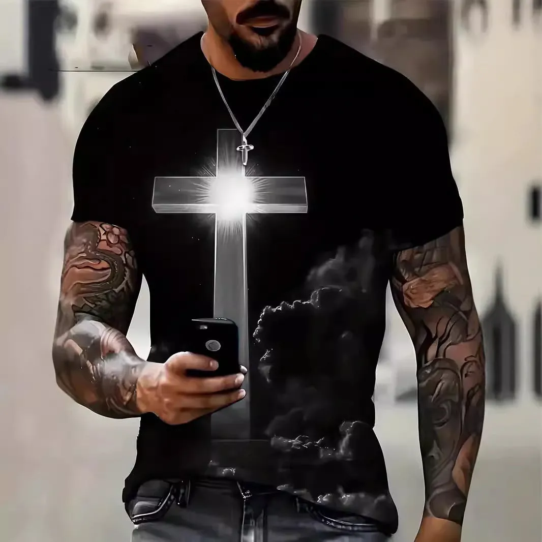 Men's Cross 3D Printed T-Shirt – Loose Fit, Casual Short Sleeve, Bold & Stylish Design