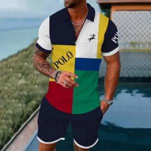 Men's Fashion Casual Geometric Print Short-Sleeved Polo Two-Piece Set 2405001916