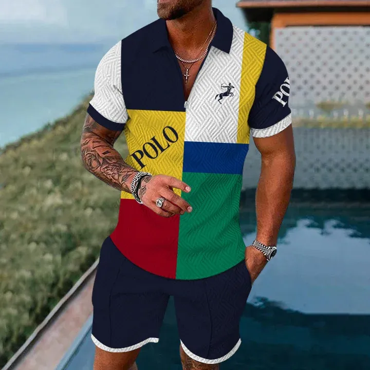 Men's Fashion Casual Geometric Print Short-Sleeved Polo Two-Piece Set 2405001916