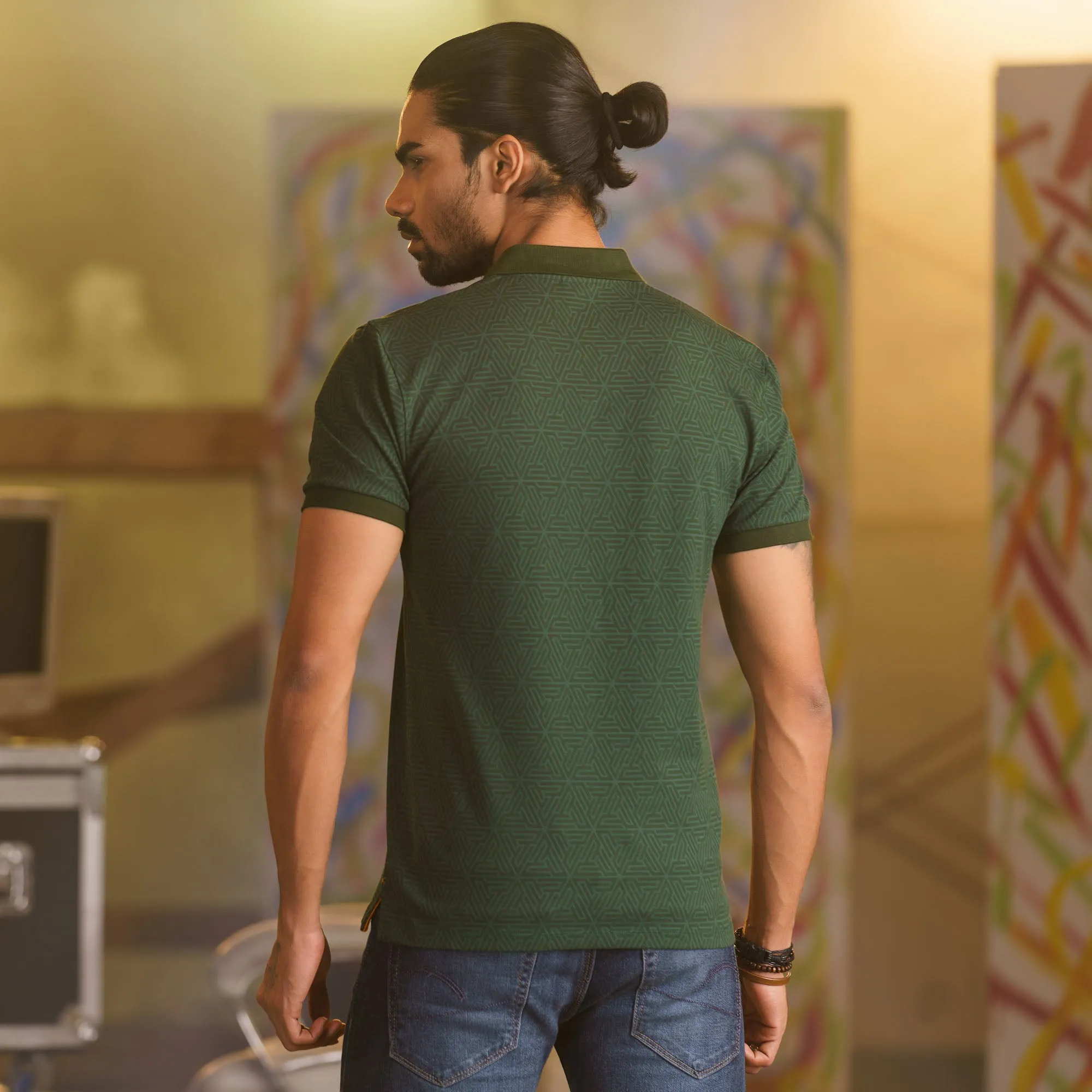Mens Green Print Polo