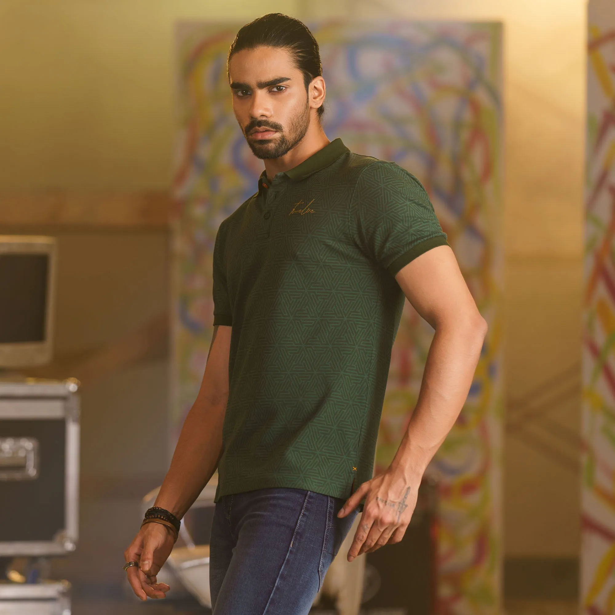 Mens Green Print Polo