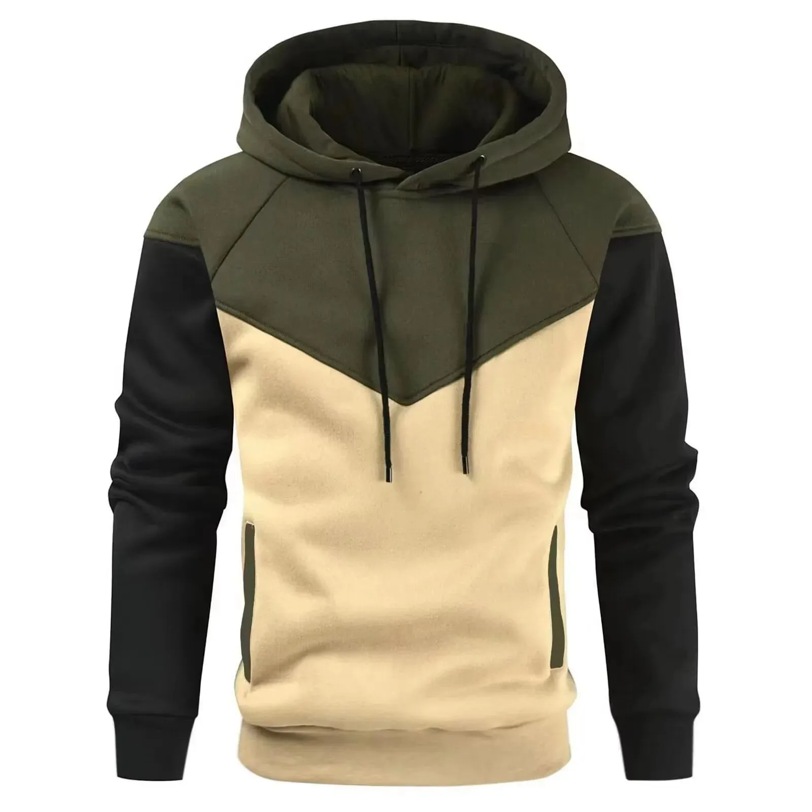 Mens Patchwork Hooded Sweatshirt Casual Fleece Warm Streetwear