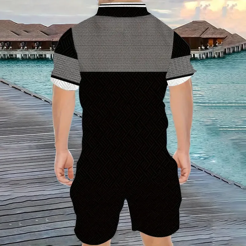 Men's Plaid Print Polo Shirt and Shorts 2PCS Set