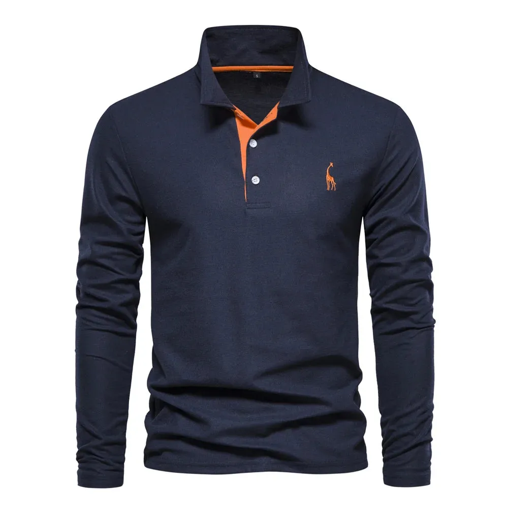 Men's Solid Color Long Sleeve Polo Shirt with Deer Embroidery