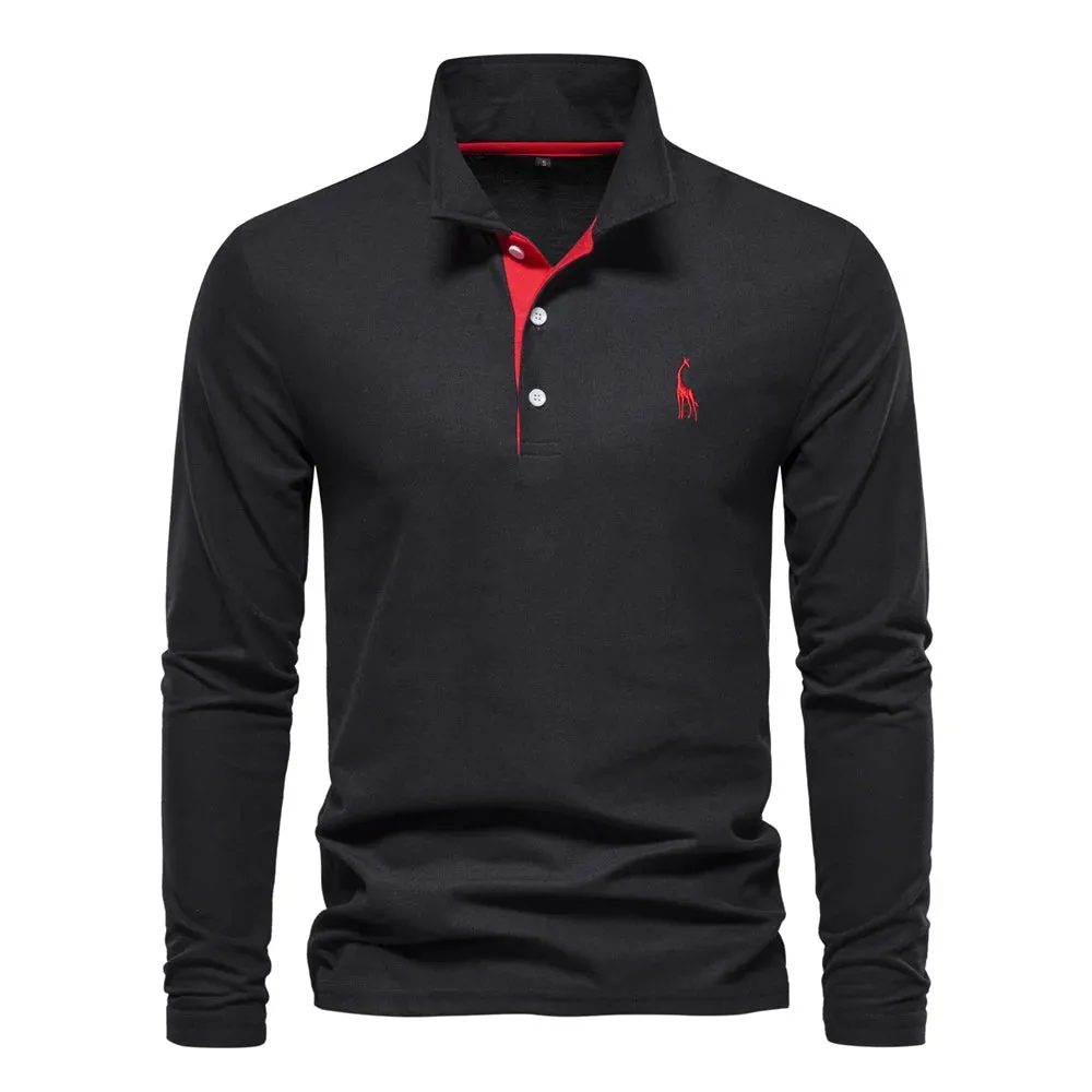 Men's Solid Color Long Sleeve Polo Shirt with Deer Embroidery