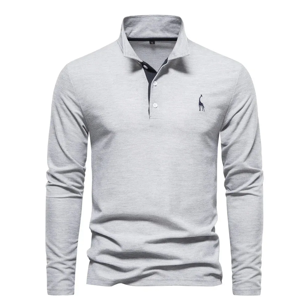 Men's Solid Color Long Sleeve Polo Shirt with Deer Embroidery